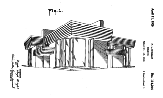 This black and white line drawing by Frank Lloyd Wright shows the three story suntop quadruplex with a corner unit's dramatic two-story corner window facing toward you. The wrap-around third-story roof terrace and left-side second-story balcony have a matching lapped, planked parapet. The building has radial symmetry when viewed from the top, so partial side views of two other units are visible.