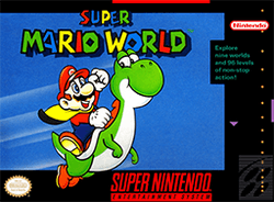 A black box with an image of a cartoon man known as Mario with blue overalls, a yellow cape, red hat and red shirt riding a green cartoon dinosaur