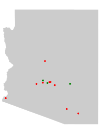 Outline of map of Oregon with colored dots representing the location of Superfund sites in the state