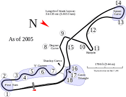 Track layout of the Suzuka Circuit. The track as 18 corners that vary in sharpness from sweeping to tight hairpins. The pit lane splits off from the circuit at the entry of turn eight and rejoins before the entry of the first corner.
