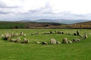 A photo of large stones arranged in a circle at Swinside, England