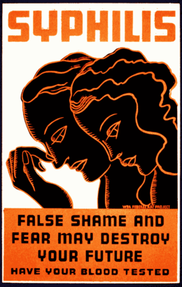 Poster for testing of syphilis, showing a man and a woman bowing their heads in shame