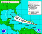 Colored map of a tropical storm's projected future track. Black dots, connected by a black line, indicate its estimated position at 12 hour intervals in the beginning and 24 hour towards the end of the track. The path starts in the eastern Caribbean and ends in the central Gulf of Mexico.