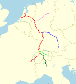 Map showing the route of the TEE Rheingold in red, with other colors denoting routes over which first-class TEE Rheingold through coaches were conveyed by other trains.