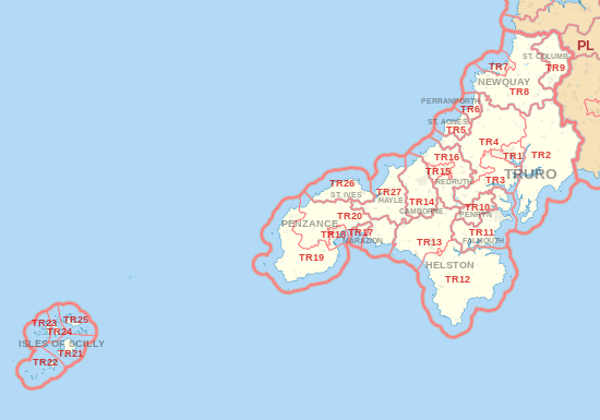 TR postcode area map, showing postcode districts, post towns and neighbouring postcode areas.