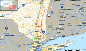 A map showing the southern portion of New York State. Major roads are highlighted in blue. One road running north–south near the east is highlighted in red.