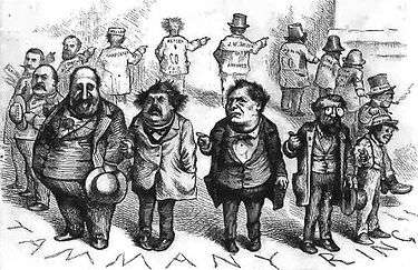 A cartoon showing a circle of men pointing their fingers at the man to their right with grimaces on their faces.