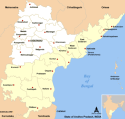 Detail map of Telangana (inland) and Andhra Pradesh (on the coast), with an inset map of India