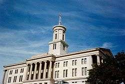 Photograph of the Tennessee State Capitol on a sunny day, the central cupola soaring against a clear sky.