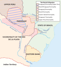 A map showing the Eastern Bank and Paraguay in the center with Upper Peru or Bolivia and Brazil to the north and the Viceroyalty of the Rio de la Plata or Argentina to the south with cross-hatching to indicate conflicting territorial claims