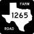 Image of FM 1265 highway shield. The square shield has a white symbol in the shape of Texas as the state appears on maps on a black background. Inside this symbol is the number 1265. The black background contains the word FARM in the upper right corner and the word ROAD in the lower left corner.