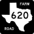 Image of FM 620 highway shield. The square shield has a white symbol in the shape of Texas as the state appears on maps on a black background. Inside this symbol is the number 620. The black background contains the word FARM in the upper right corner and the word ROAD in the lower left corner.