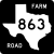 Image of FM 863 highway shield. The square shield has a white symbol in the shape of Texas as the state appears on maps on a black background. Inside this symbol is the number 863. The black background contains the word FARM in the upper right corner and the word ROAD in the lower left corner.