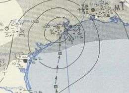 A map showing closed isobars and several surface observations as a hurricane made landfall