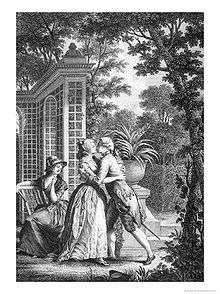 Black-and-white engraving of a kiss between a man and woman standing in a garden with a pavilion in the background. Trees frame the scene and there is a woman watching the couple from a chair. There is an urn with a fern in it in the background.