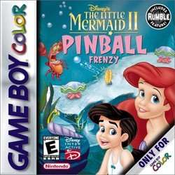 An image of two young women in the lower right-hand corner over an underwater background. The words "Disney's The Little Mermaid II: Pinball Frenzy" are shown on the top, along with an image of a pinball hurtling towards a red crab.