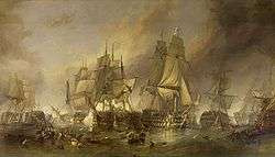 Painting of a naval battle, four sailing ships on a choppy sea, obscured by smoke, figures visible on the decks and in the rigging.