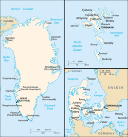 Clockwise from bottom right (sizes not to scale):Maps of Denmark (Northern Europe), Greenland (North Atlantic and Arctic) and the Faroe Islands (North Atlantic).