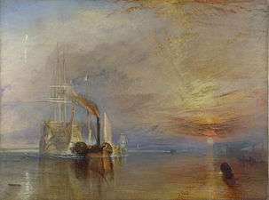 Oil painting of a tug towing a sailing ship towards the viewer as the sun sets in the right hand side