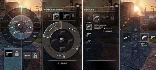 Four images side-by-side, displaying different version of a user interface design. All designs features guns available to players; the guns are displayed in a circle in the first two images, and in squares in the final two images (the squares are translucent in the third image, and transparent in the final image).