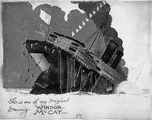 A black-and-white drawing of a sinking ship, signed "This is one of my original drawings, Winsor McCay".