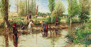Colorful painting of five people standing in a stream  retting hemp. A woman and child stand along the stream in the background. A pastoral setting surrounds the stream, with trees and bushes, a cottage, a blue sky, and fields of yellow and green.