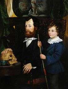 Oil painting of Thomas Bateman seated at a table with right hand on an ancient skull, with his young pre-teen age(?) son William Thomas Bateman standing at his fathers left side, holding a thin  wooden rod.