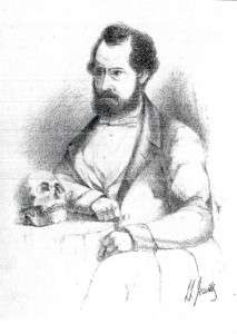 Line drawing of Thomas Bateman, Derbyshire Archaeologist, shown in deep contemplation while seated at a table on which rests an ancient skull. Drawn by his close friend Llewellyn Jewitt, c. 1855.