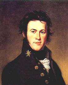 Painting of man with rather unkempt hair, sideburns, in high-collared coat