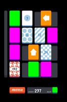 Bright purple and green tiles on a four-by-four grid, orange tiles with white arrows, tiles with numbers and patterns such as stripes, checkerboard, and houndstooth