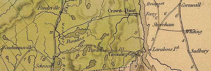The Ticonderoga and Schroon Turnpike began north of Schroon and headed east through Paradox to the western edge of Lake Champlain at Ticonderoga. The turnpike connected to other long-distance roads at each end.