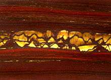 "Photograph of the surface of a stone which shows horizontal alternating bands of red and black with a band of golden-colored fibers in a band across the center"