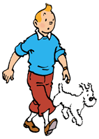 A cartoon drawing of a young man and his white dog walking against clear background.