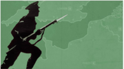 Silhouette of a soldier holding a rifle with bayonet fixed, superimposed over an outline map of the English Channel coastline.