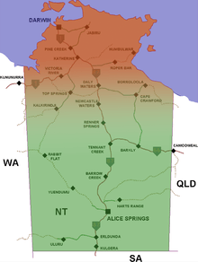 map showing the approximate location of the Top End within the Northern Territory of Australia. The Top End is at the top of the map in red, while the rest of the Northern Territory is shown in green