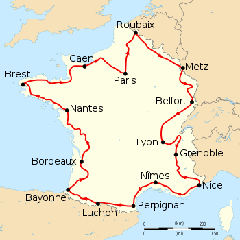Map of France with the route of the 1910 Tour de France on it, showing that the race started in Paris, went clockwise through France and ended in Paris after fourteen stages.