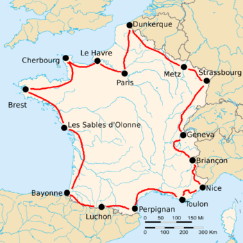 Map of France with the route of the 1922 Tour de France
