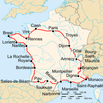 Map of France with the route of the 1939 Tour de France