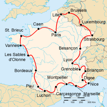Map of France with the route of the 1947 Tour de France