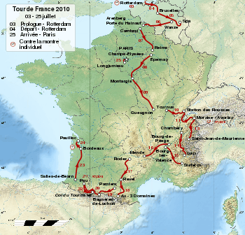 A physical map of France, with the route of the Tour drawn over it in red lines.