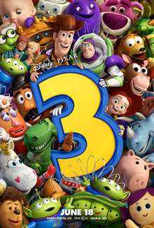 All of the toys packed close together, holding up a large numeral 3, with Buzz, who is putting a friendly arm around Woody's shoulder, and Woody holding the top of the 3.