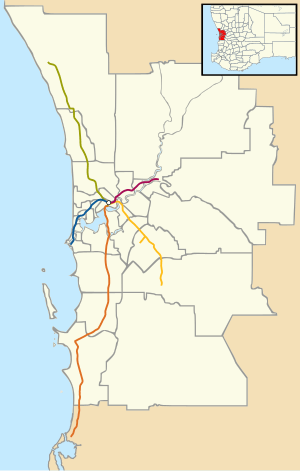 A geographic Transperth Trains services map