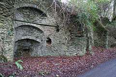 Stone kilns built into a bank with a road in front.