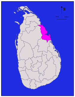 Area map of Trincomalee District, along the north eastern coast with its south western border extending inwards, in the Eastern Province of Sri Lanka