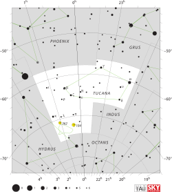 Diagram showing star positions and boundaries of the Tucana constellation and its surroundings