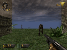 View of a jungle swallowed by fog; a scaled dinosaur charges out of the gloom towards the player, whose weapon (a shotgun) is visible in the corner of the screen. Around the edge of the frame are two-dimensional icons relaying game information.