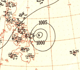 Map of a hurricane near a group of islands. The map shows isobars, or contours of barometric pressure, as lines with numbers denoting the pressure.