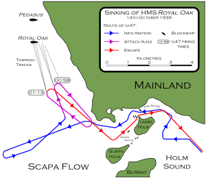 Map of the route taken by Prien when infiltrating Scapa Flow, firing his torpedoes and fleeing the harbour. There are many twists and turns avoiding the islands and blockships, and while trying to find a target.