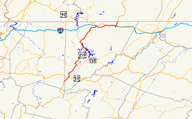 A map of far western Maryland showing major roads.  U.S. 219 runs the length of Garrett County, connecting Oakland with I-68.