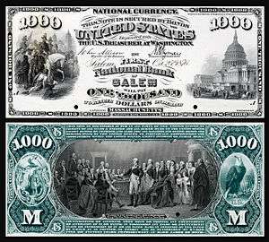 $1,000 National Bank Note proof, Series 1875, Fr.465, vignette depicting (obv) Scott's entrance into Mexico City (rev) Washington surrendering his commission.